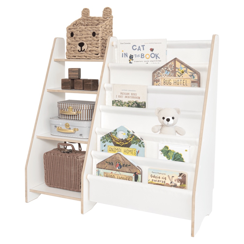 MAMOI® Bücher und Spielzeugregal für Kinder, funktionales 2-in-1-Regal, Organizer mit Ablagen und Stofftaschen, Kinderbibliothek, Möbel im Montessori-Stil, 100% ökologisch, hergestellt in der EU - Mamoi.me